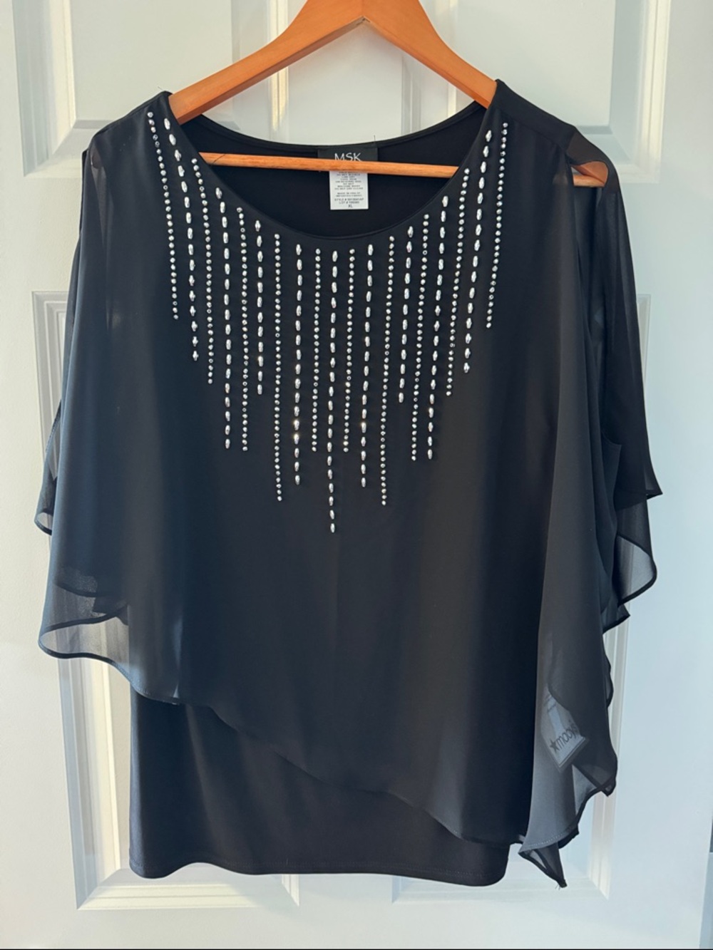 MSK Black Chiffon Overlay Top with Rhinestone Fringe